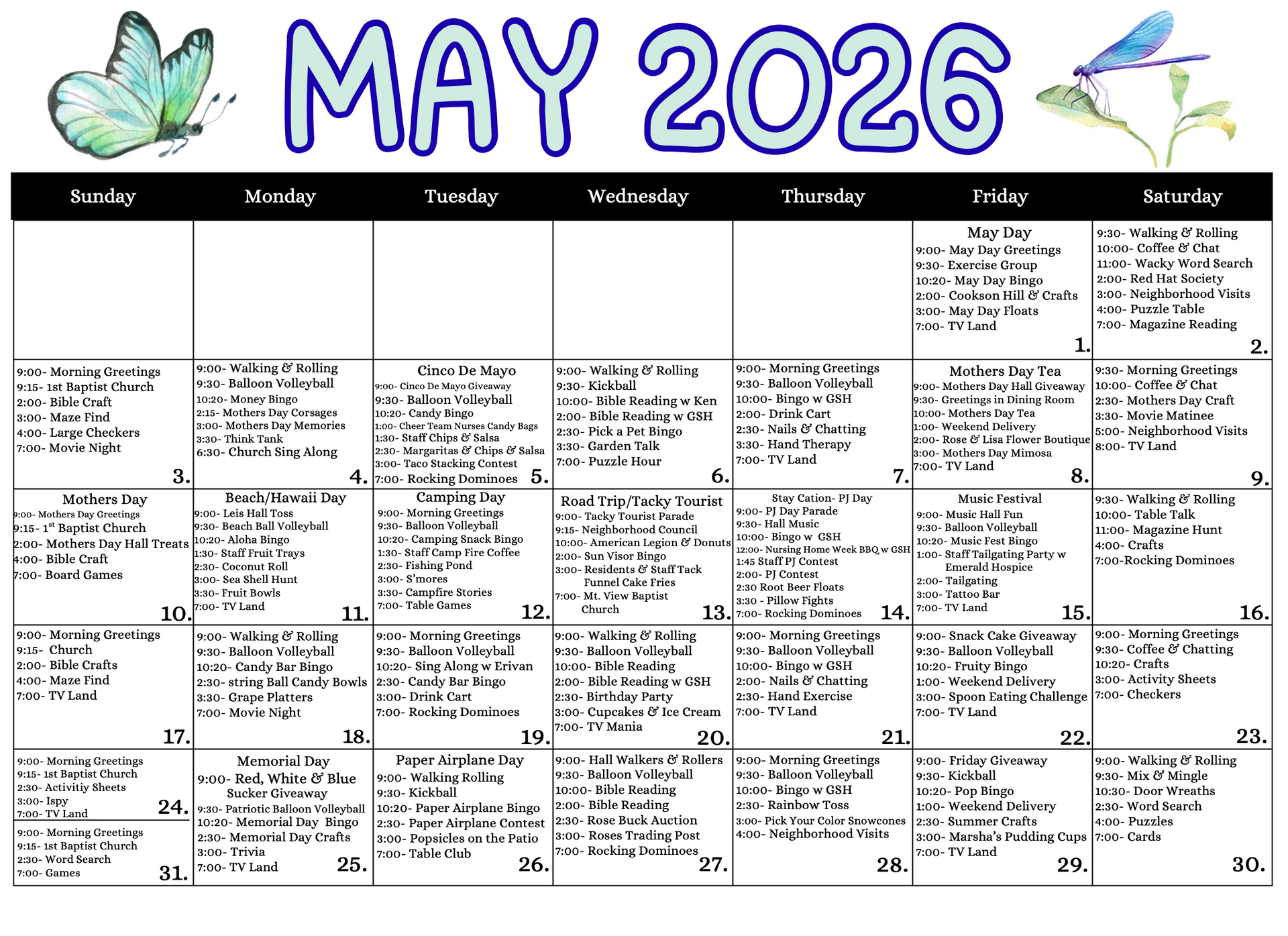 May 2026 monthly calendar with a butterfly header and handwritten notes in each date box