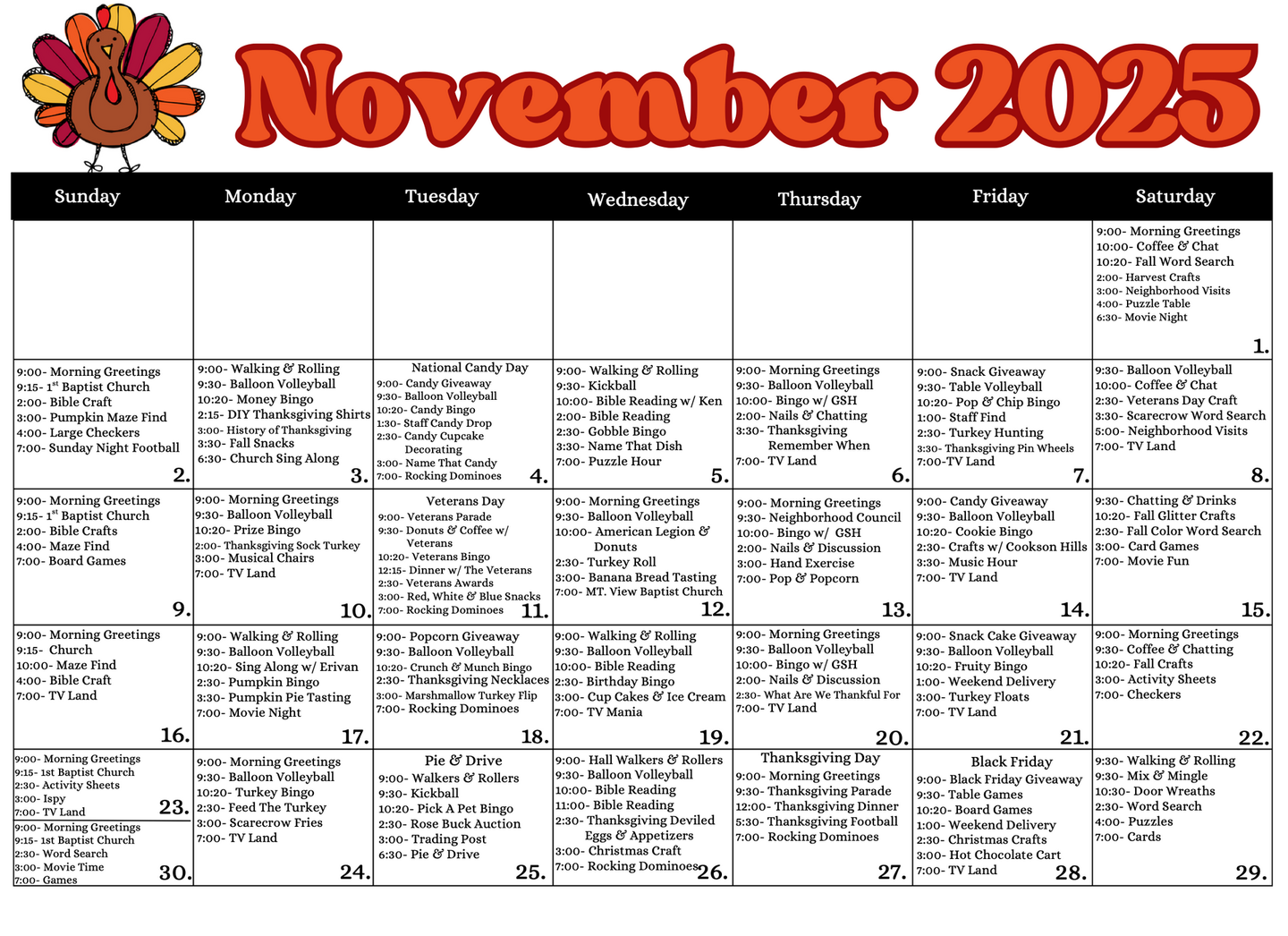 November 2025 calendar with turkey graphic, black days, and event details.