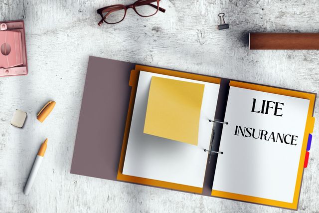 A binder with a sticky note on it that says life insurance