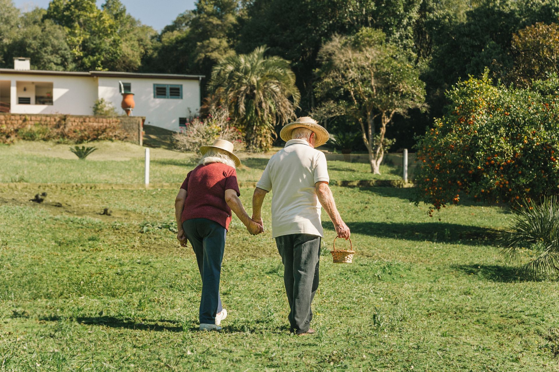 a man and a woman are walking in a field holding hands .
