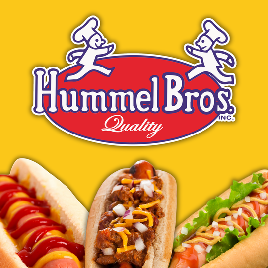 Hummel Bros. hot dogs: Logo with running chefs above three hot dogs with toppings.