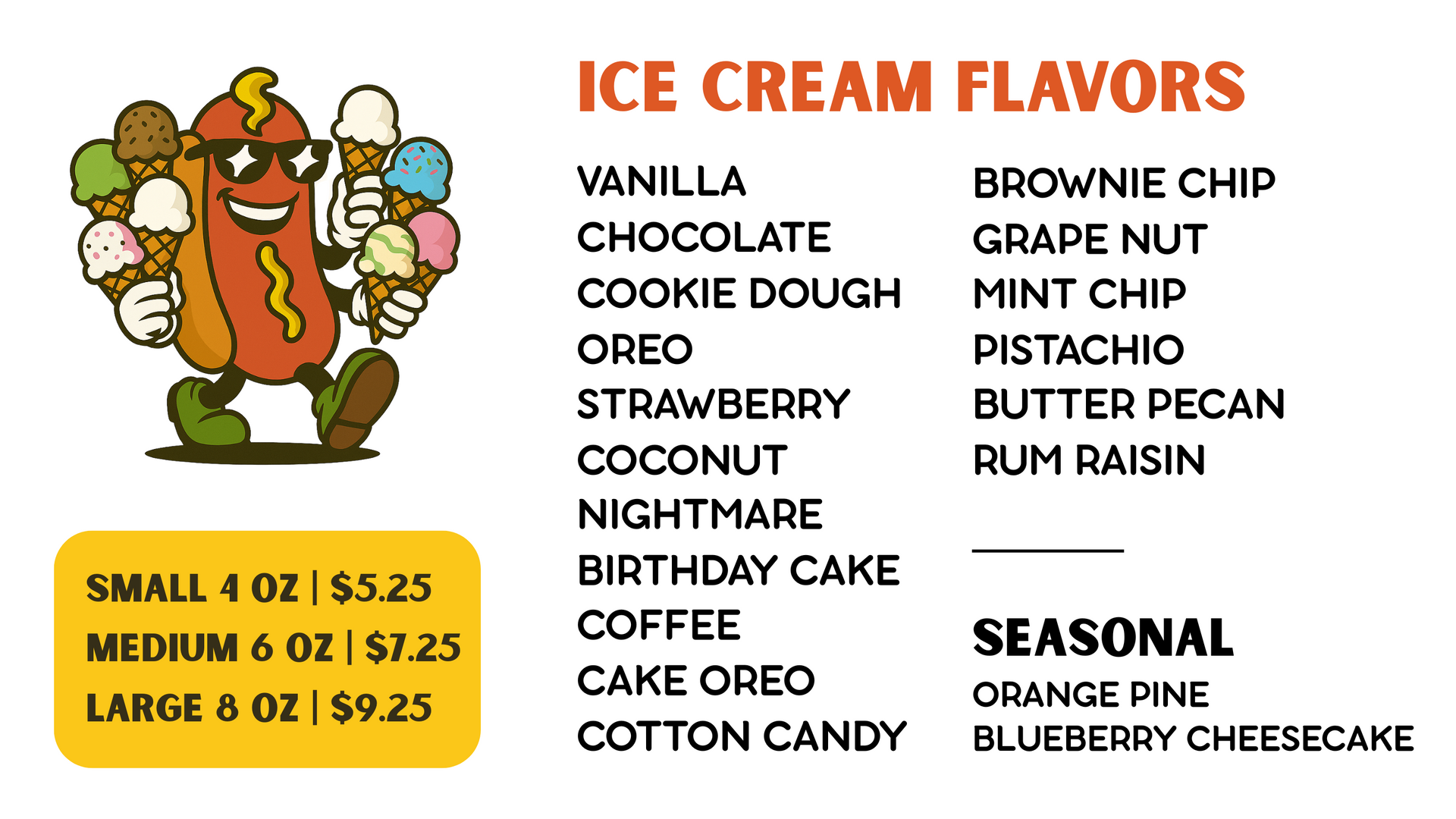 Bloomfield BreakPoint Ice Cream menu