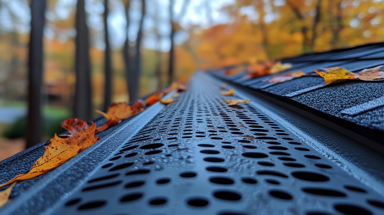 Close-up of a dark gutter guard with leaves on the roof, fall foliage in background.