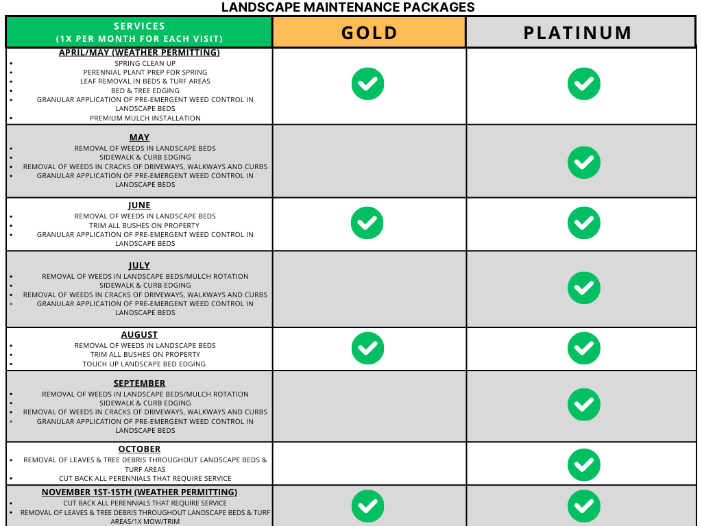 Comparison table: Gold and Platinum packages, features are indicated by green checkmarks.