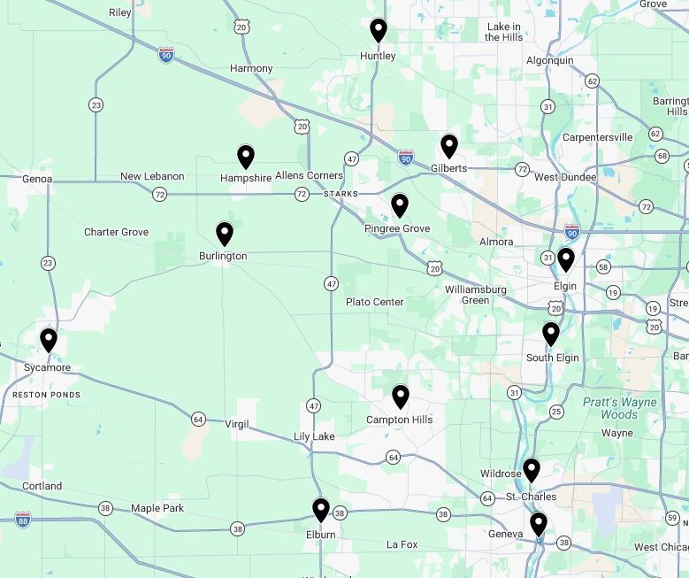 Map with black location pins marking various cities and towns in a suburban area.