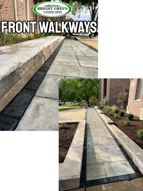Front walkways installed by Bright Green Landscaping. Gray pavers, retaining walls with fresh mulch.