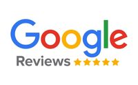 Google Reviews logo with blue, red, yellow, and green letters and 5 gold stars.