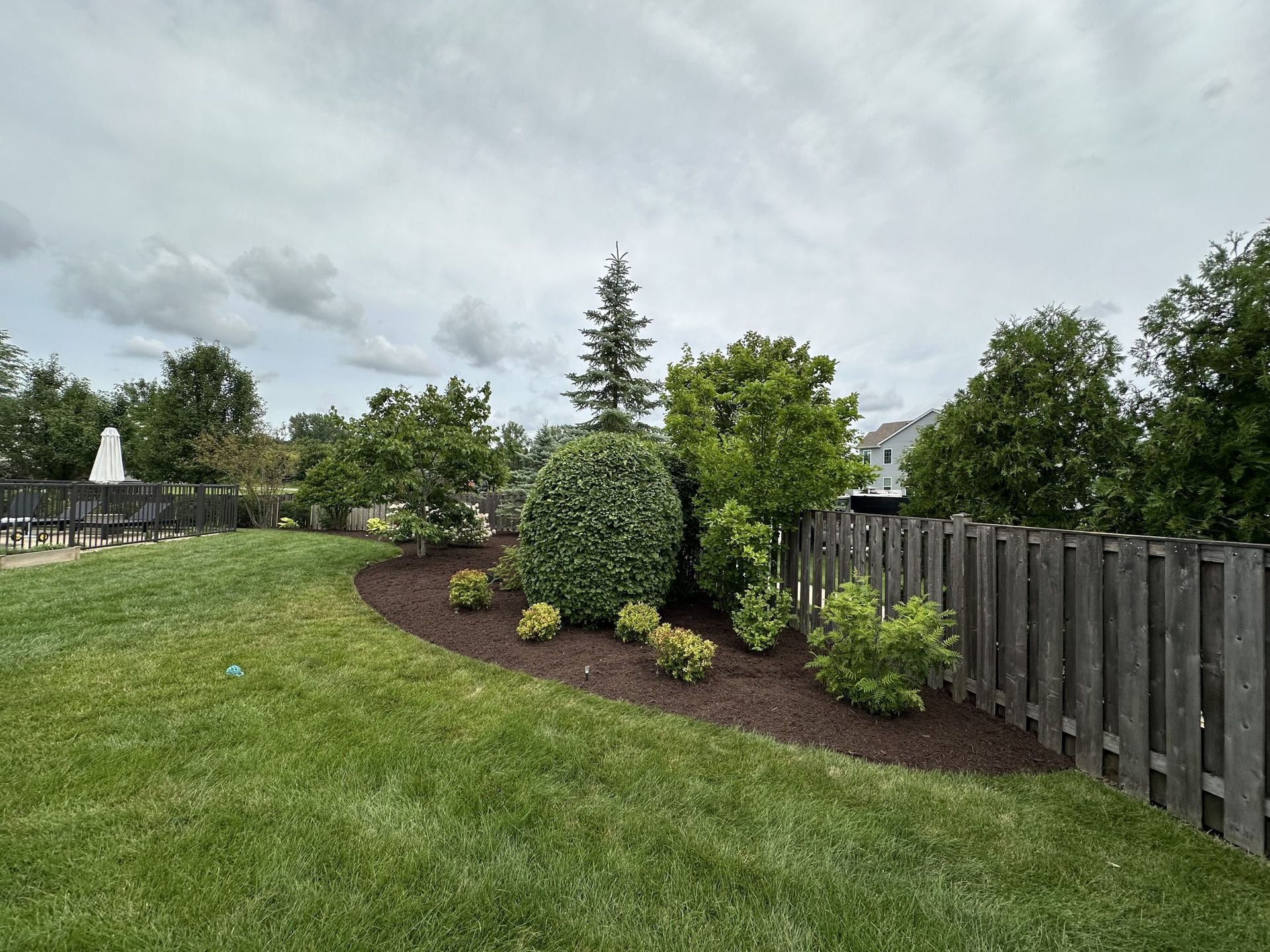 Lush green backyard with mulch-covered garden bed, variety of plants, and wooden fence under a cloudy sky.