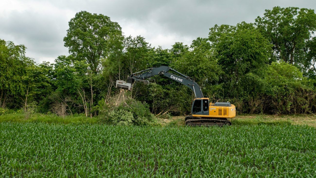 A yellow excavator clearing brush near a field of green crops under a cloudy sky.