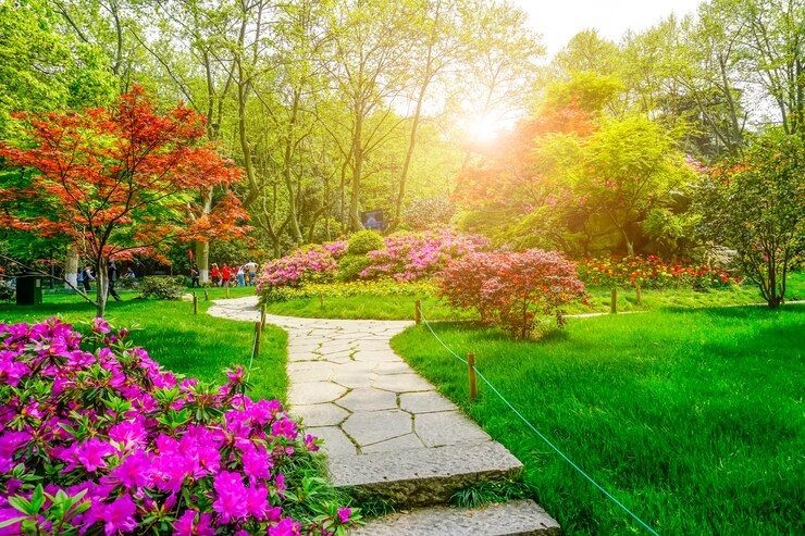 Stone path winds through a vibrant garden with colorful flowers, lush green grass, and trees under a bright sun.