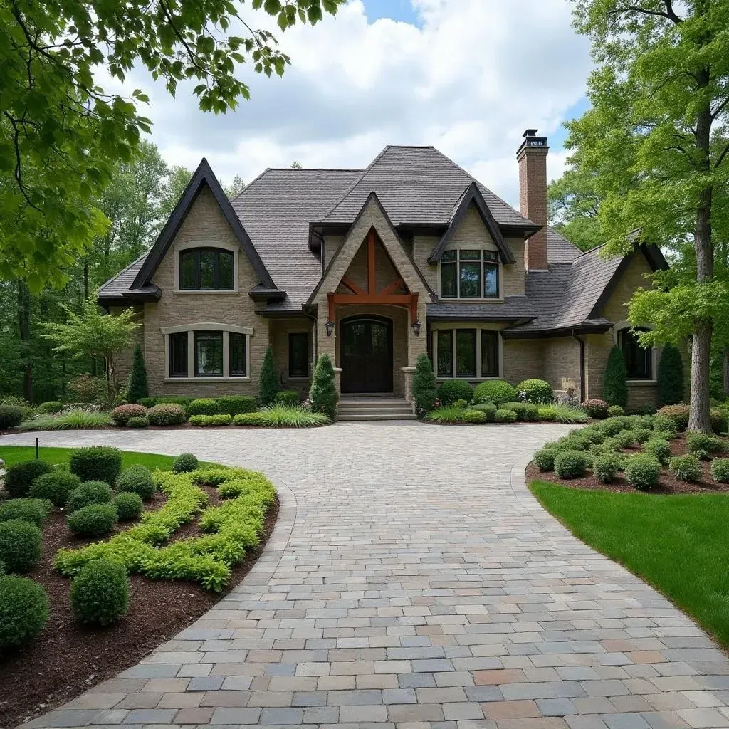 Elegant brick house with stone driveway, lush landscape design, and dark roof.