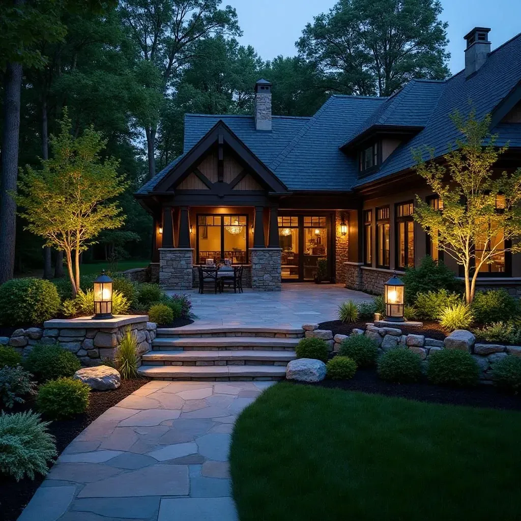Night view of a house with lit paver patio, walkway, and landscaping; dark blue sky.