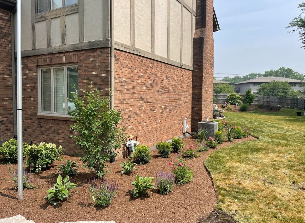 Exterior view of a brick house with a newly landscaped bed. Brown mulch, green plants. Sunny day.