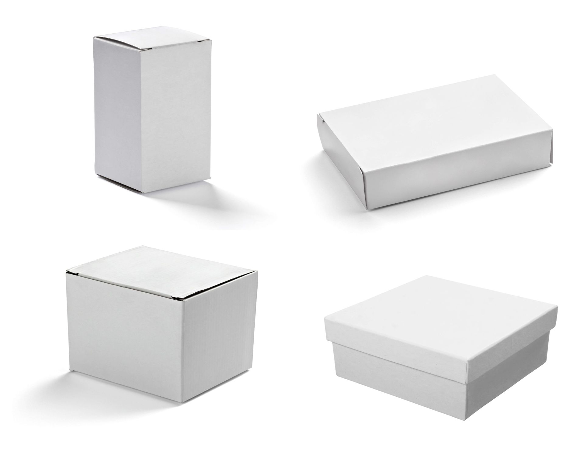 A set of four white cardboard boxes on a white background.