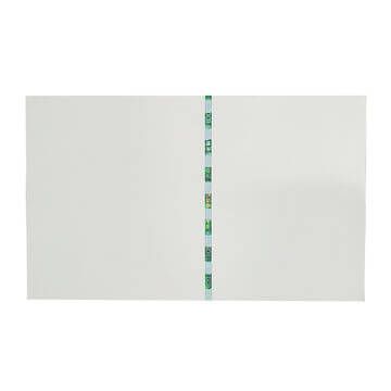 Two white paper sheets joined by a strip of light blue tape down the middle.