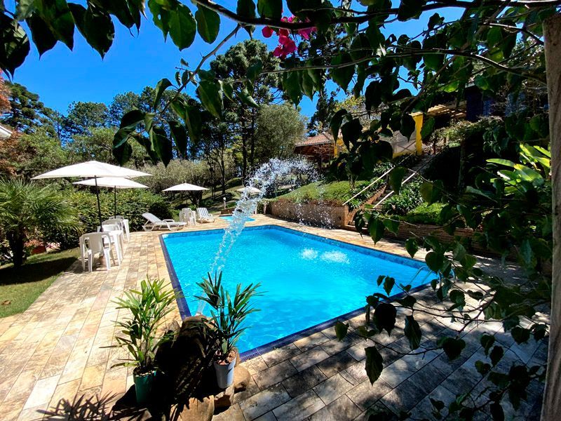 Piscina com fonte em um jardim exuberante e verdejante, com céu azul, espreguiçadeiras e guarda-sóis.