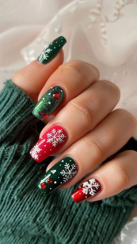 Hand with Christmas-themed nails featuring alternating red and dark green polish, white snowflakes, and tiny red gems.
