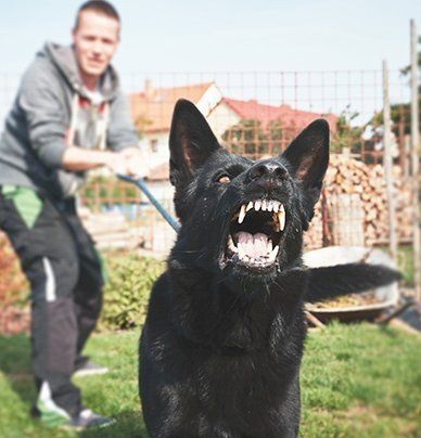 A man is standing next to a black dog with its mouth open.