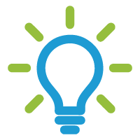 A blue and green light bulb with rays coming out of it.