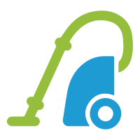A blue and green vacuum cleaner with wheels on a white background.
