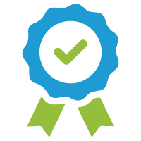 A blue and green ribbon with a check mark in the middle.