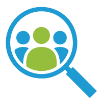 A magnifying glass with a group of people in it.