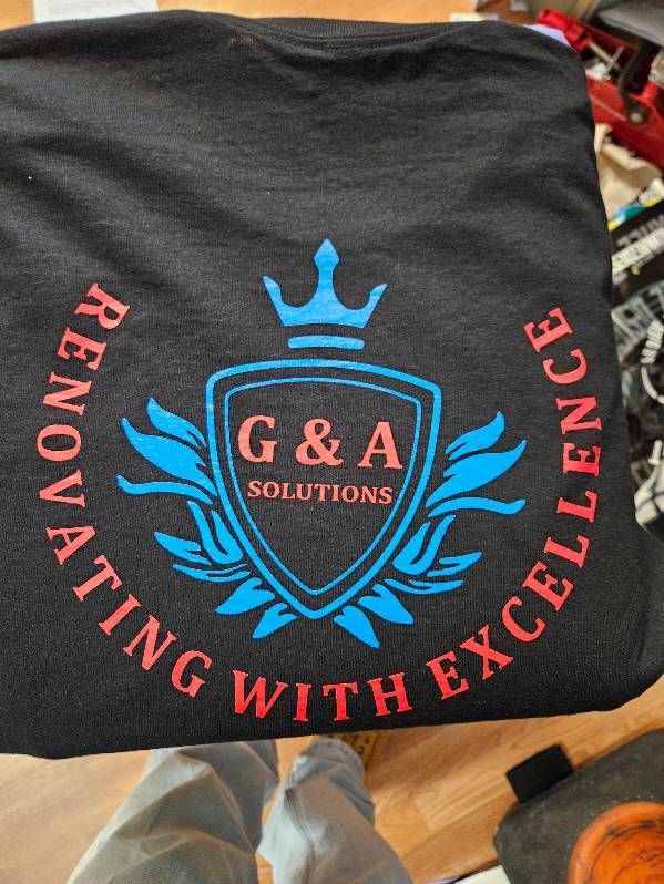 A black t-shirt that says g & a solutions renovating with excellence
