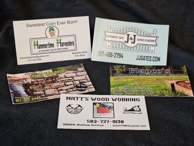 Several business cards including one for matt 's wood working