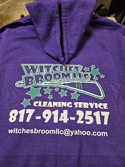 A purple hoodie that says witches broomstick cleaning service