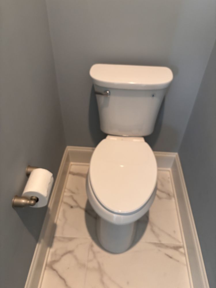 White toilet in a small bathroom nook with marble-patterned tile floor. Blue walls, toilet paper roll.