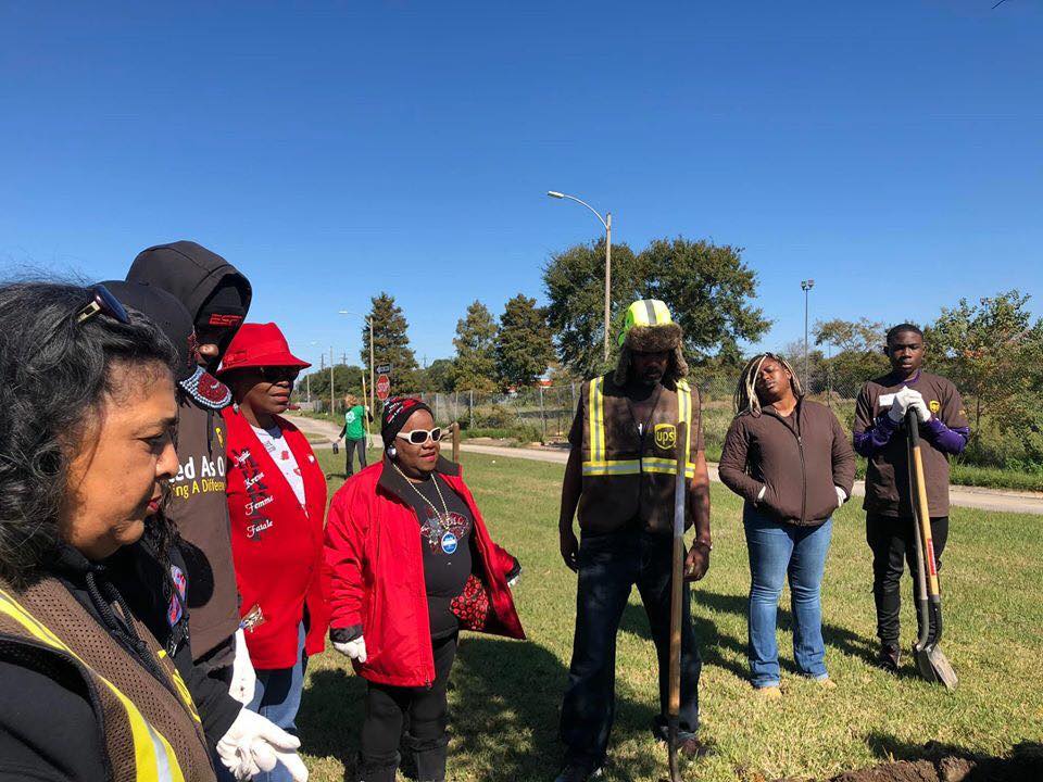 A group of people are standing in a field holding shovels.
