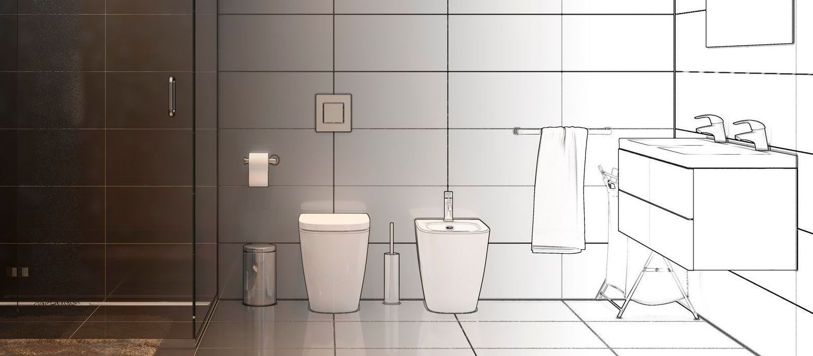 Salle de bain moderne avec toilettes, bidet et douche. Mi-couleur, mi-esquisse.