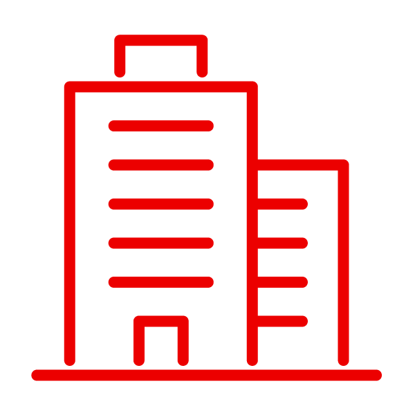 Une icône de ligne rouge d’un bâtiment sur fond blanc.