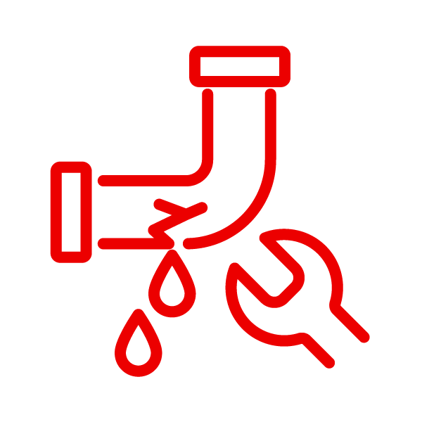 Une icône de ligne rouge représentant un tuyau avec une clé et une goutte d eau.
