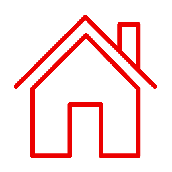 Un dessin au trait rouge d une maison avec une cheminée sur fond blanc.