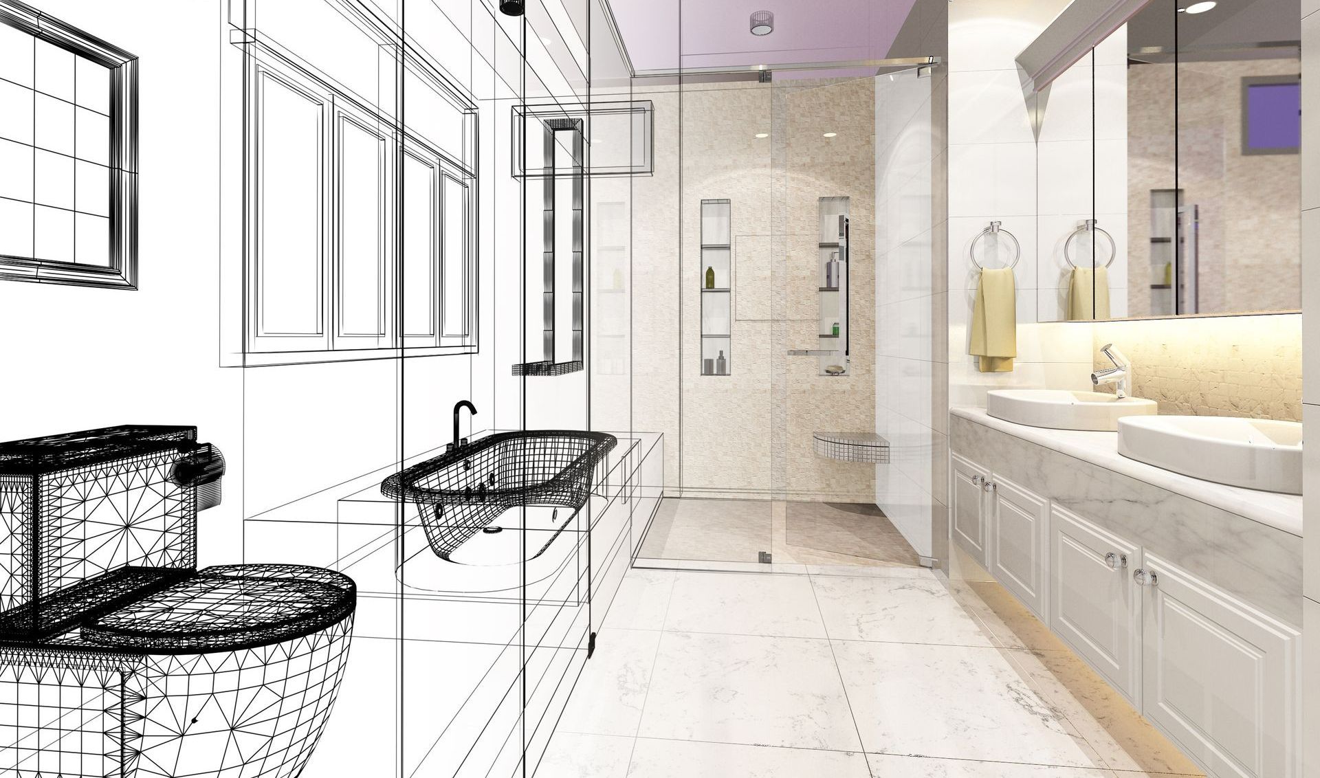 Rénovation de salle de bain : des contours esquissés fusionnant avec un design fini, mettant en valeur les équipements et l'agencement ouvert.