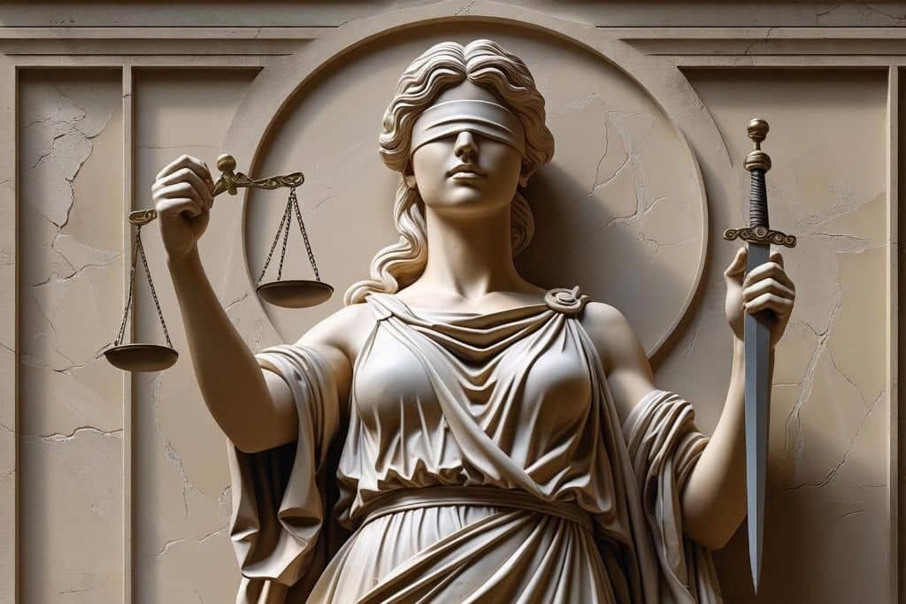 Statue of Lady Justice holding scales and sword, blindfolded.