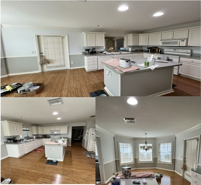 A bedroom with white doors and a ceiling fan