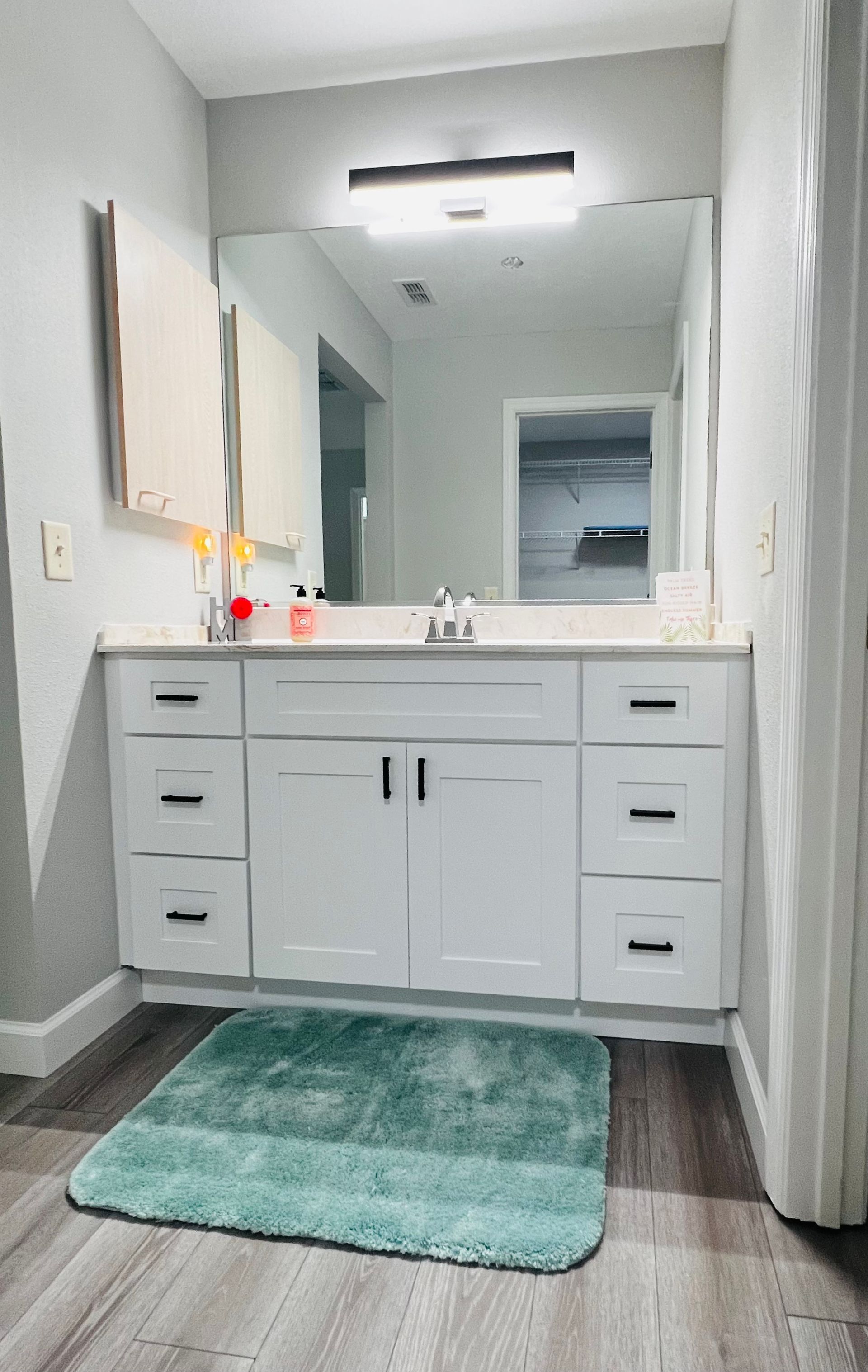A bathroom with a sink , mirror , and rug.