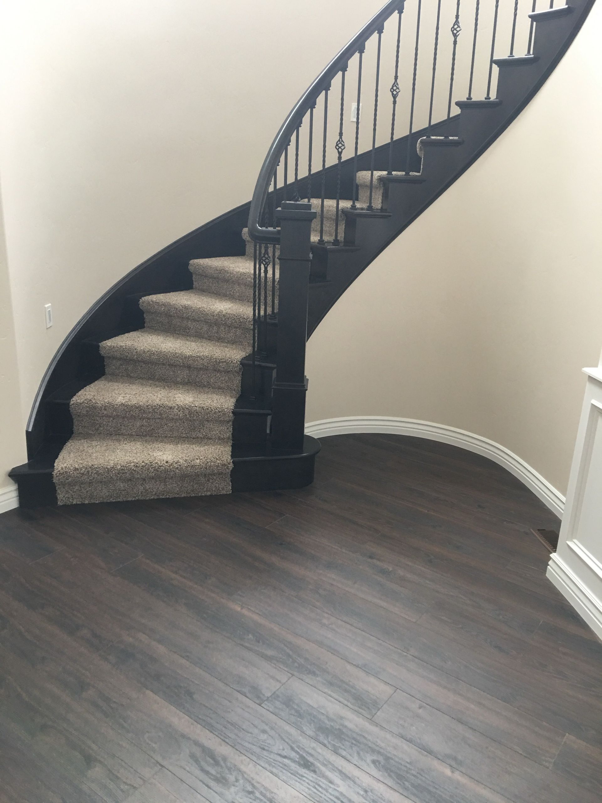 A dark wood staircase with carpeted steps curves upwards against beige walls. Dark wood flooring in the entryway.