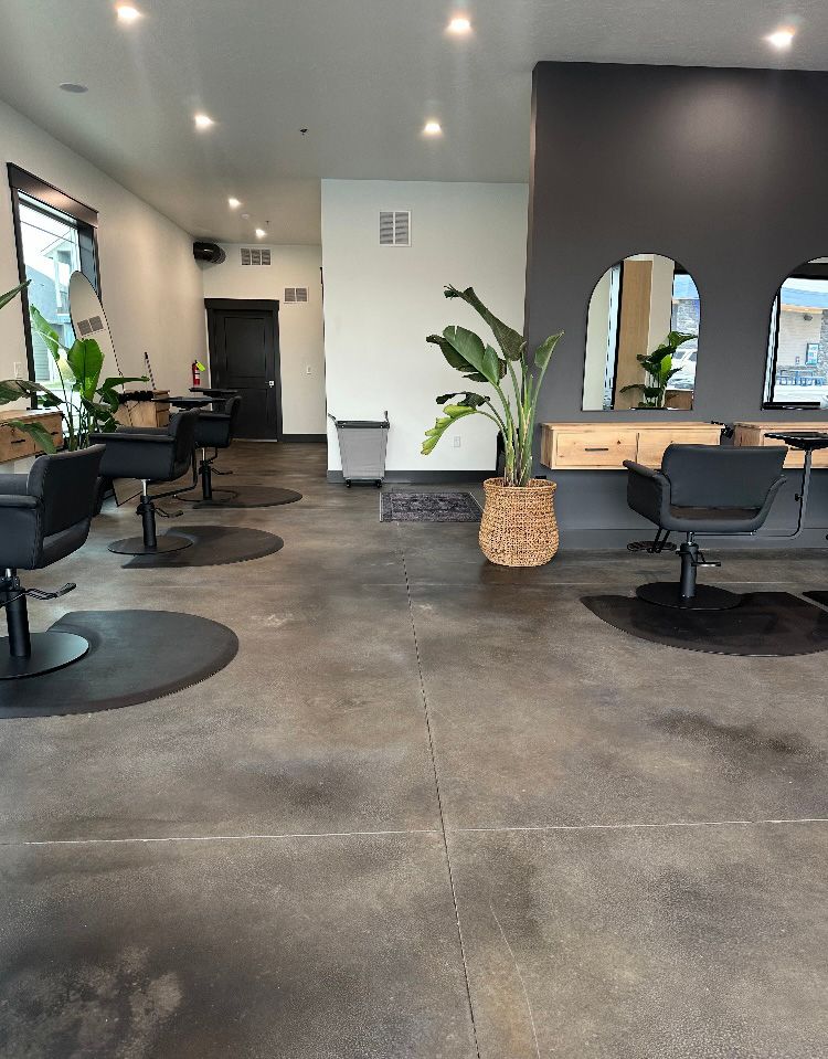 Hair salon interior with dark gray concrete floor, black chairs, and large potted plant.