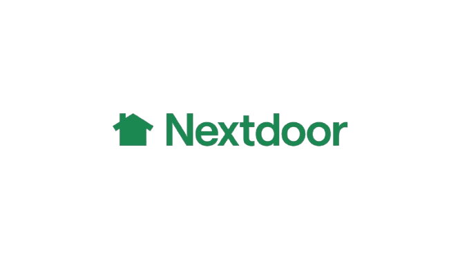 Nextdoor logo: Green house icon with "Nextdoor" text, on a white background.
