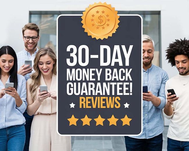 A group of people are standing next to each other looking at their phones.