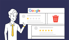 A man is removing a bad review in front of a Google page.