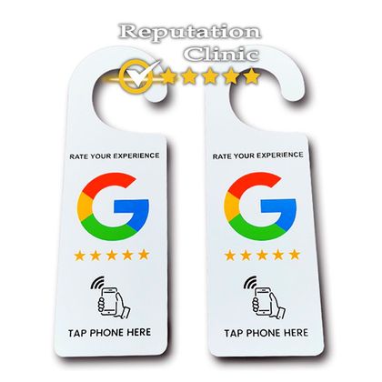 A pair of door hangers that say tap phone here
