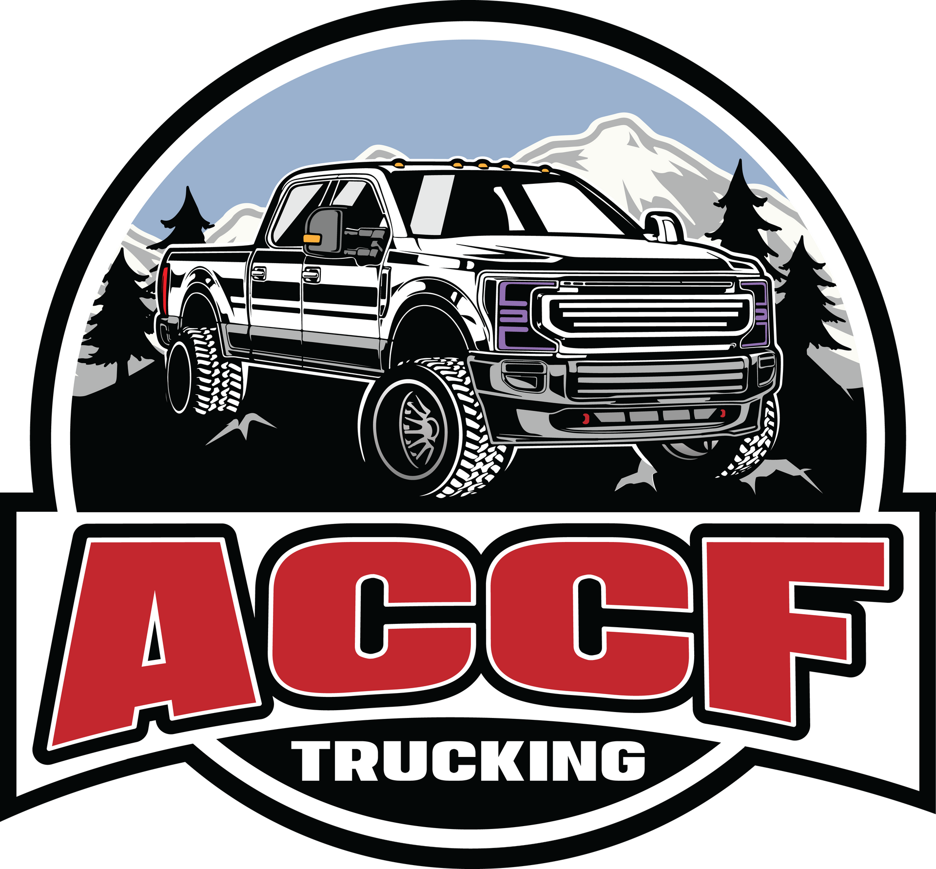 A logo for a trucking company with a truck and mountains in the background.