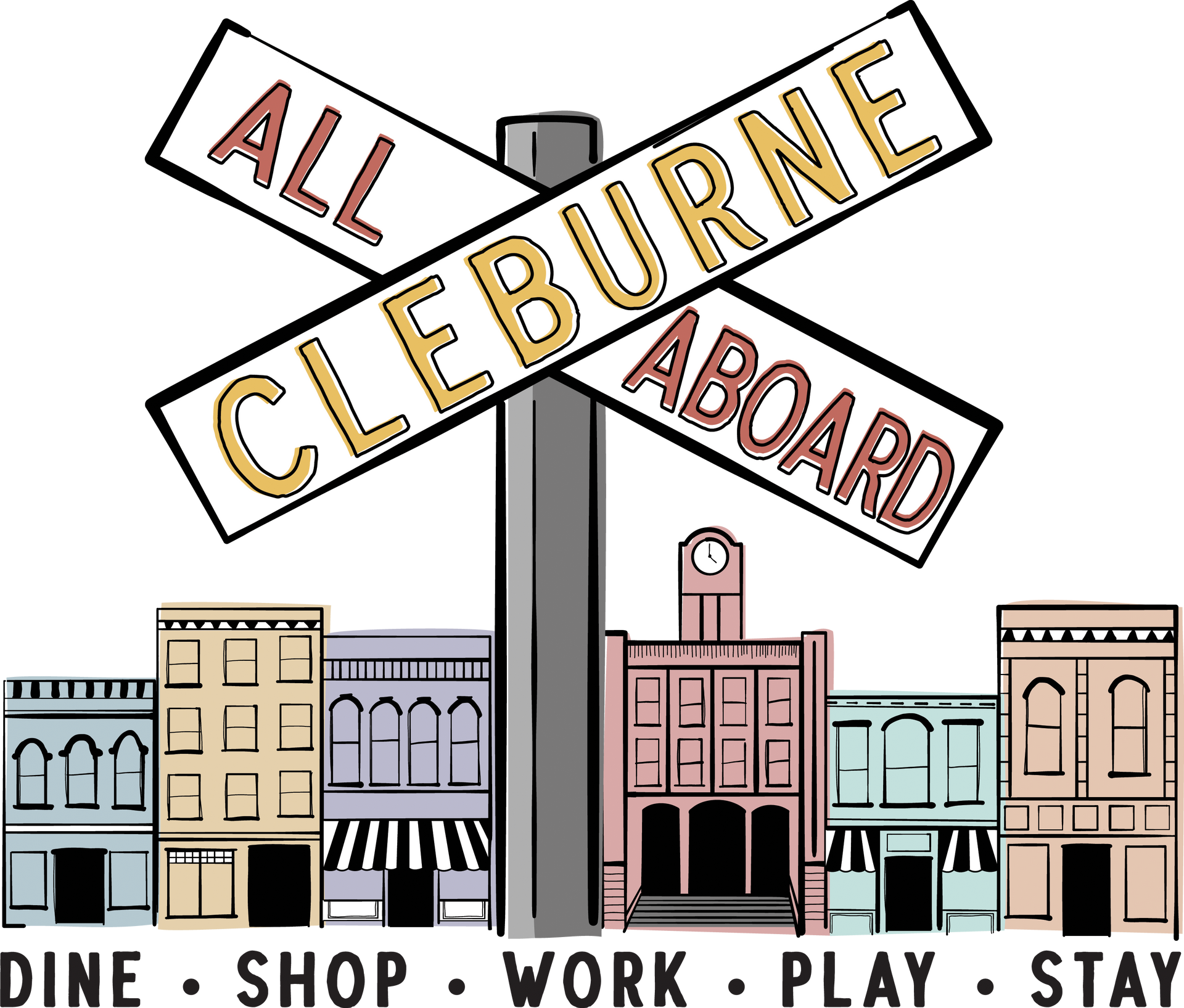 A drawing of a street sign that says all cleburne aboard
