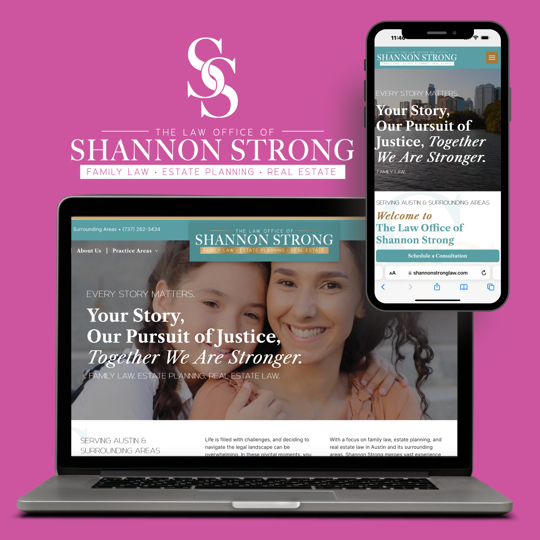 A laptop , cell phone , and website for shannon strong law firm