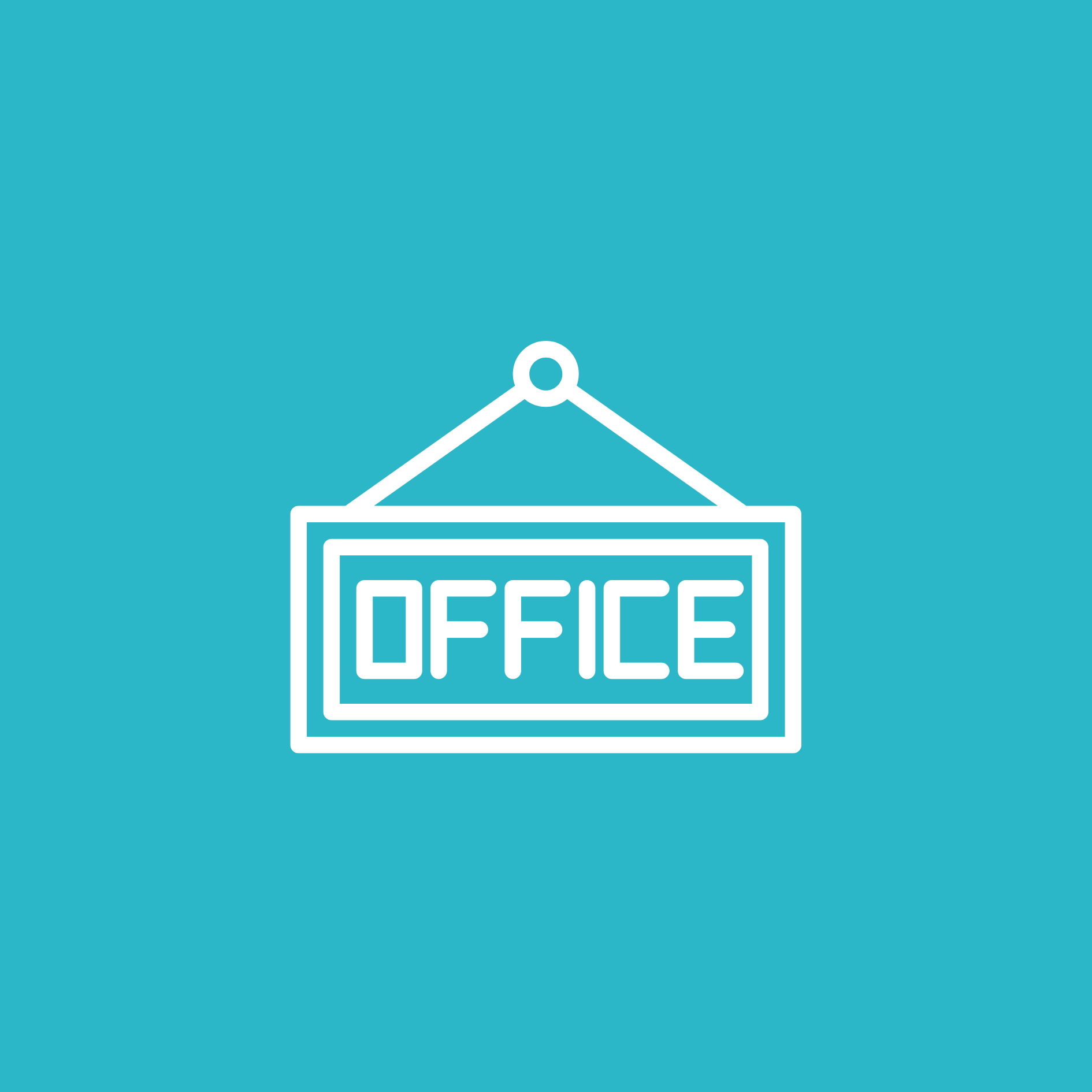 A white line icon of an office sign hanging on a blue background.