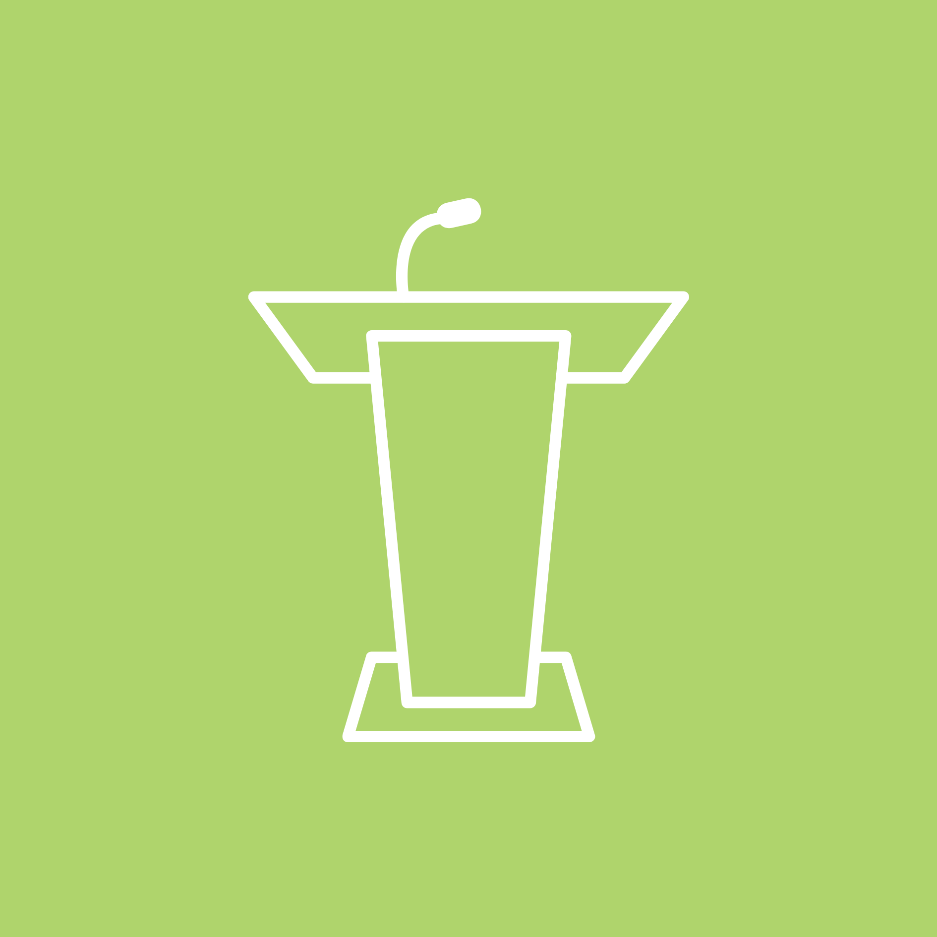 A white line icon of a podium with a microphone on a green background.